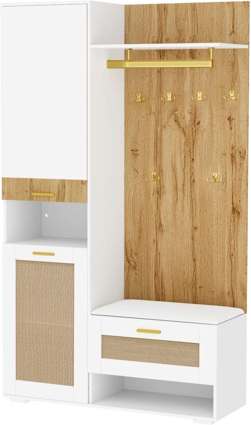 Urban Meuble Meuble d entrée blanc et chêne avec penderie, banc et rangements Beige 110x190x38cm