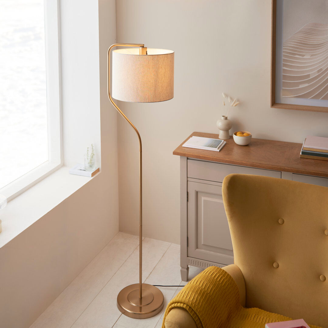 Heritage Hues Clement Floor Lamp finished in Warm Brass and Natural Br aged brass plate & natural linen mix fabric 155cm H X 35cm W X 39cm D
