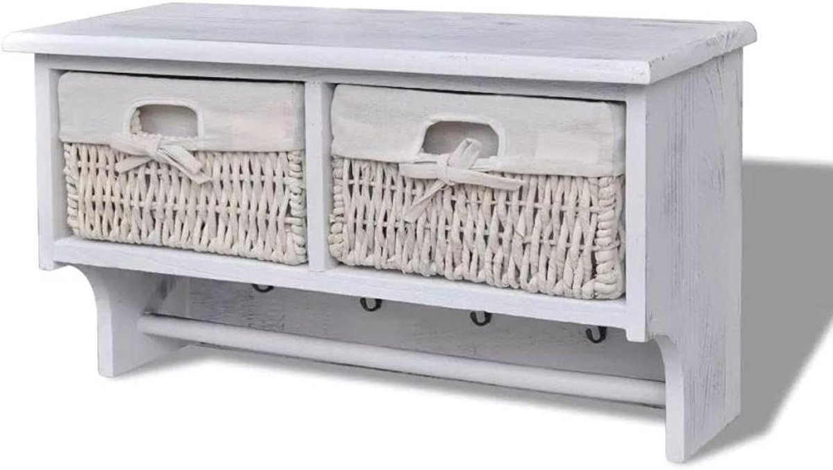Wit Wandrek met Manden en Haken - Houten Opbergrek voor Decoratie en Opslag - Breedte: 60 cm