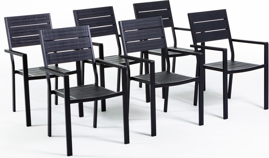 6er-Set Gartenstühle aus lackiertem Stahl und Polyethylen in Holzoptik - modernes, stapelbares und robustes Design für Gärten, Terrassen, Bars und Restaurants - Adele - Schwarz