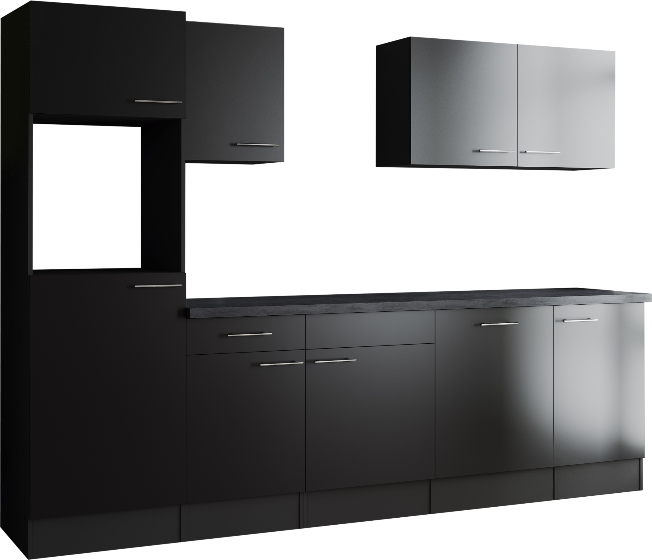 Küchenzeile RESPEKTA "Oliver", schwarz (küche: schwarz, front: schwarz, korpus: grau matt, arbeitsplatte: granit optik), B:280cm H:205cm T:60cm, Komplettküchen-Sets, Küchenzeile, Breite 280 cm, 90 cm Arbeitshöhe, in exklusiver Konfiguration für OTTO küche