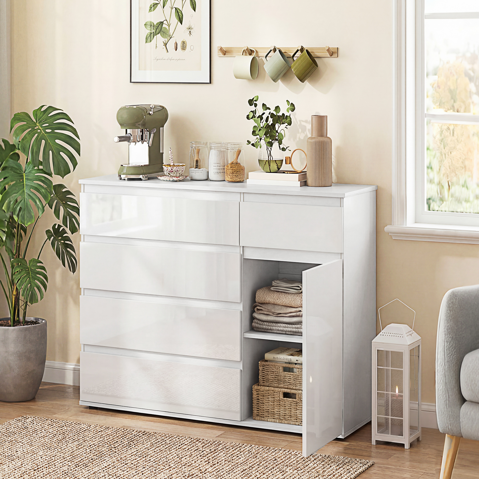 Homcom Credenza, Mobile con 5 Cassetti, Ripiano Regolabile, Bianco Lucido.   Aosom Italy