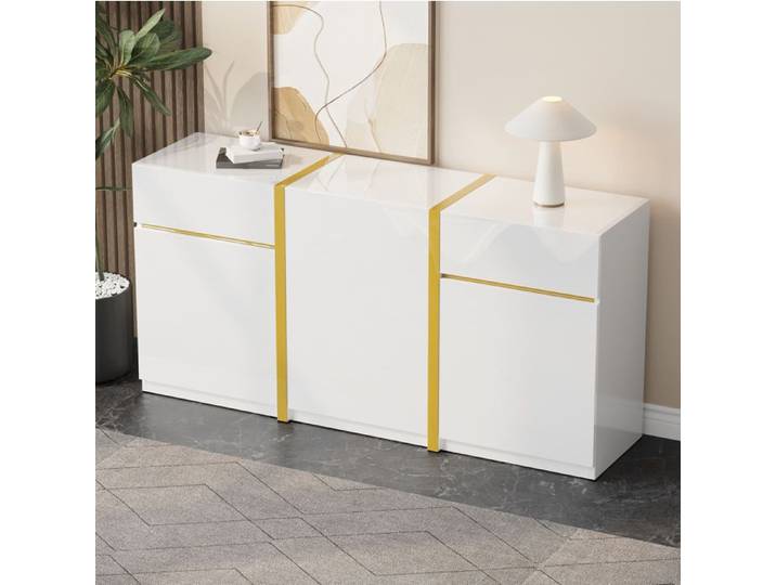 Buffet bas 3 portes 2 tiroirs avec étagères réglables - LPOSPI - MDF et panneaux de particules blanc brillant