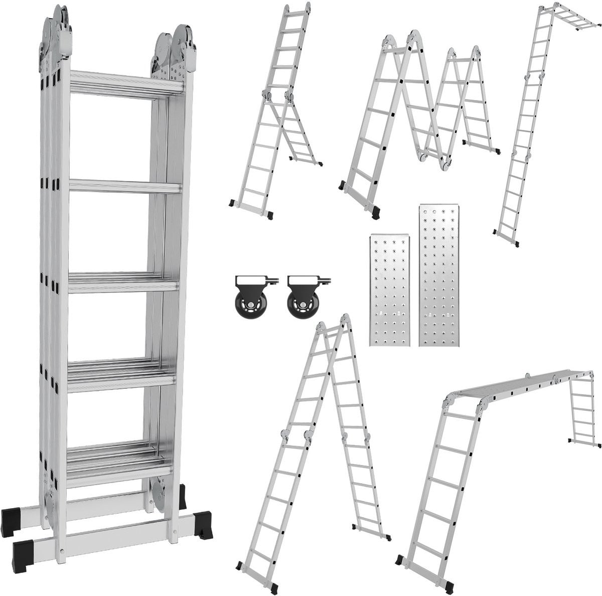 Multifunctionele aluminium vouwladder 4x5 - 582 cm - Zilver - Draagvermogen 150 kg