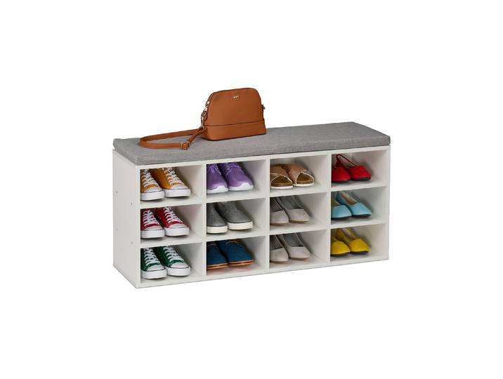 Schuhschrank RELAXDAYS mit Sitzfläche mit 12 Fächern , grau (grau, weiß), B:104cm H:49,5cm T:31cm, MDF, Polyester, Stoff, Schränke, Schuhschrank
