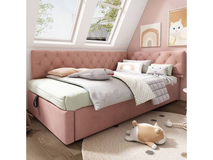Lit Enfant Lit banquette 90x190 convertible hydraulique rose - Rangement sommier lattes bois velours - Enfant ado sans matelas