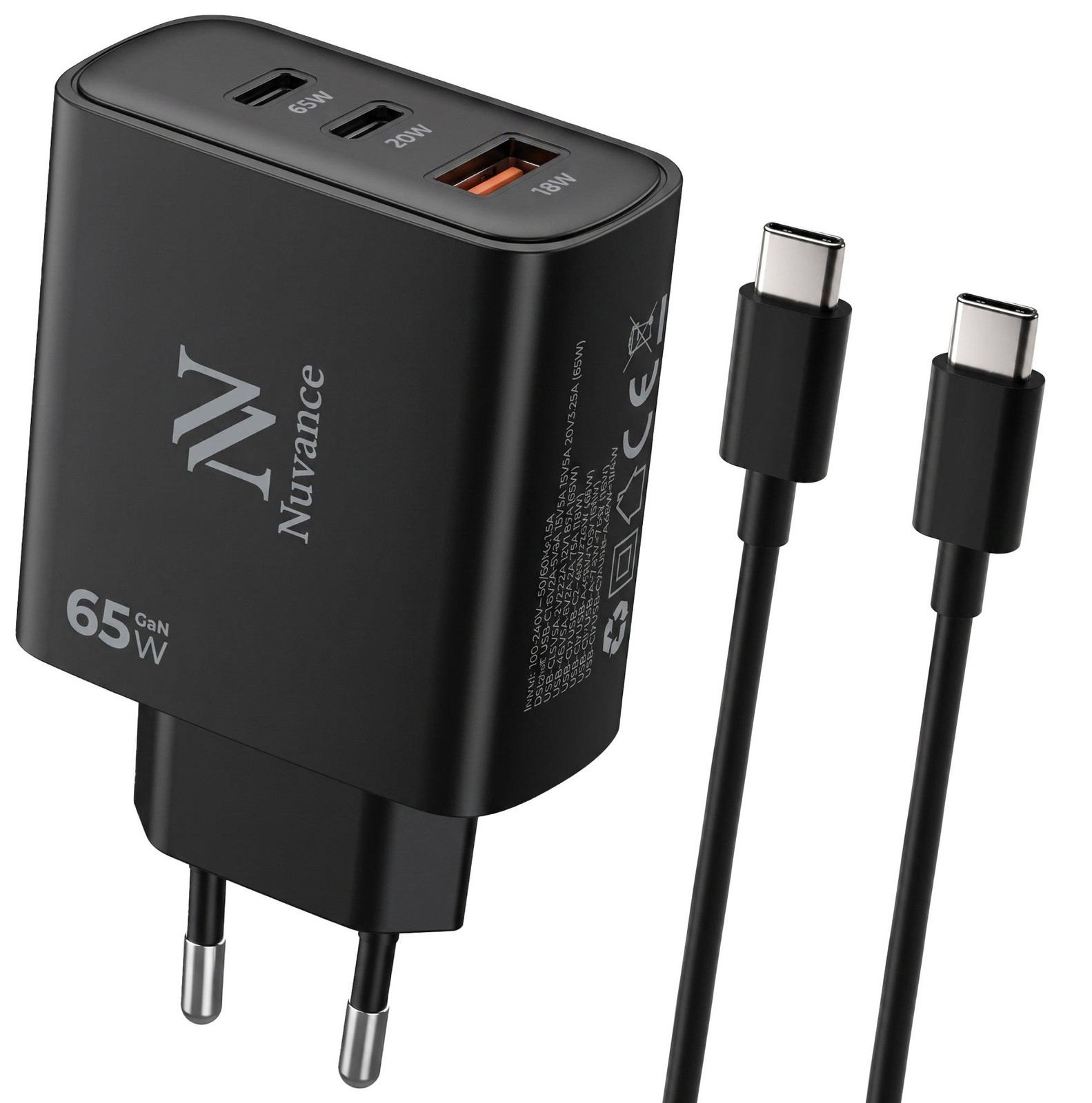 Nuvance USB C Adapter 65W met 3 poorten en 100W USB C kabel