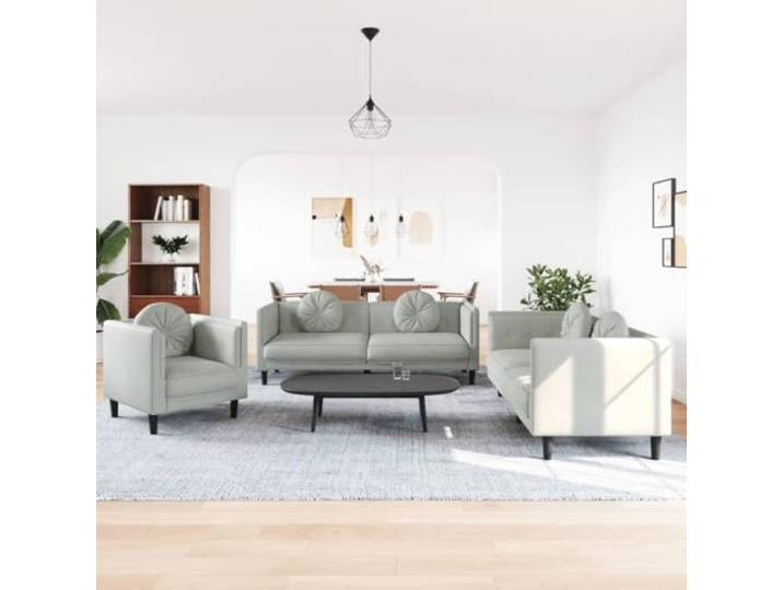HEFZGDB 3-TLG. Sofagarnitur mit Kissen Hellgrau Samt – Weiche Polsterung und Stabile Konstruktion für Wohnzimmer, Bequemes Sitzerlebnis mit Praktischen Runden Kissen, Modernes Design