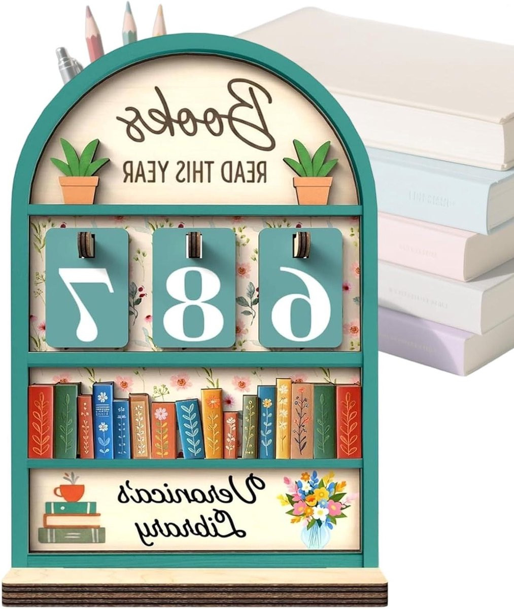 Blauwe houten leestafel boeken organizer voor het volgen van leesdoelen