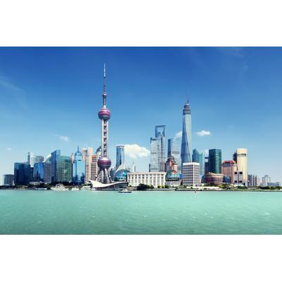 Fototapete PAPERMOON "SHANGHAI-STADT CHINA SKYLINE BRÜCKEN UFER FLUSS STRAND", bunt, B:2,5m L:1,86m, Vlies, Tapeten