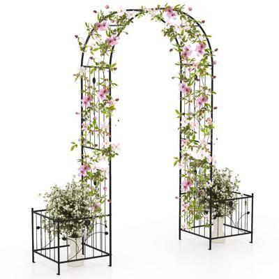 Costway 2 in 1 Garden Arbor with 2 Side Planters and 8 Ground Stakes-Black