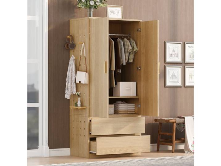 Armoire 70x50x170 cm Couleur Bois – Placard Multifonction avec Tôle Perforée Latérale 2 Tiroirs Espace Suspendu Rangement Chambre