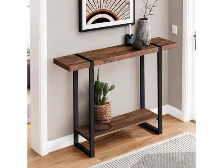 Solid Wood Console Table, Narrow Sofa Table, Industrial Entryway Table Solid Wood Top, 2-Tier Shelf, Narrow Design, Heavy-Duty Frame, Stable Support(Brown,39.4 (100cm))