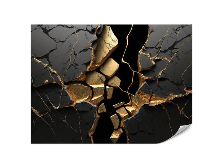 FOTOTAPETE für Wohnzimmer Schwarzer Abstrakter Marmor Gold Risse Wand 200x140