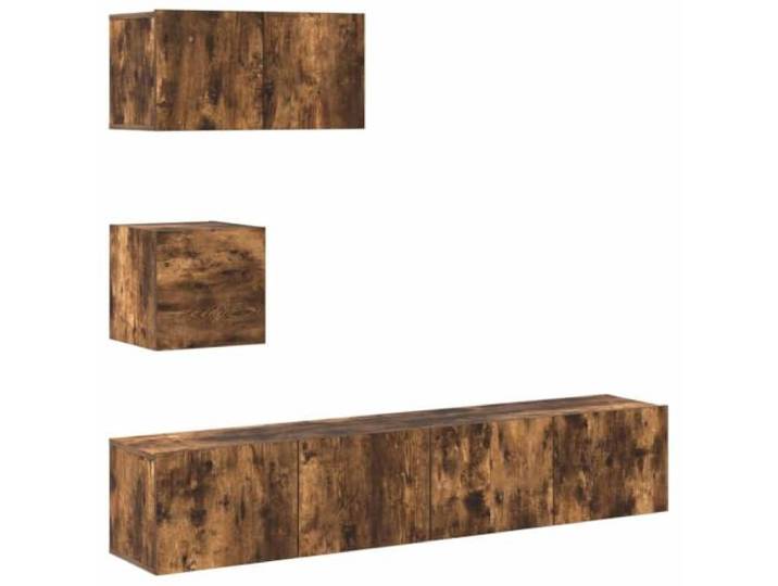 LMTYOENFG 4-TLG TV-Schrank Set Wandmontage Räuchereiche Holzwerkstoff Modulare Hängeboards fürs Wohnzimmer bieten flexiblen Stauraum für Receiver und Deko im edlen dunklen Holz-Look.