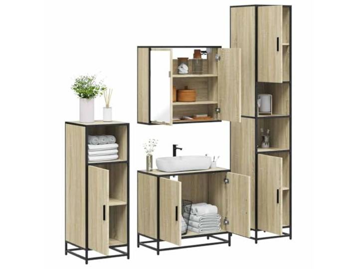 ZQQLVOO 4-TLG. Badmöbel-Set Sonoma-Eiche Holzwerkstoff Metallgestell, Lowboard, Waschbeckenunterschrank, Spiegelschrank, Wandmontage, reichlich Stauraum, Öffnung für Waschbecken