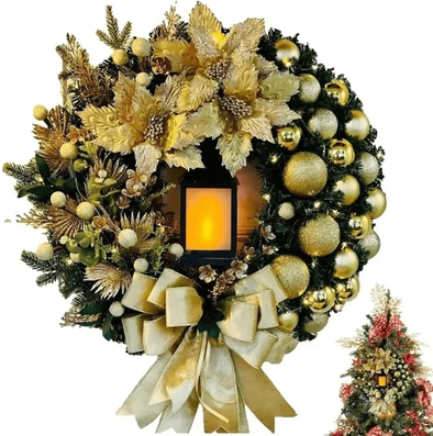 Inspire Essentials Pre Lit Christmas Wreath With LED Lantern & Large Bow   Holiday Front Door Decor gold