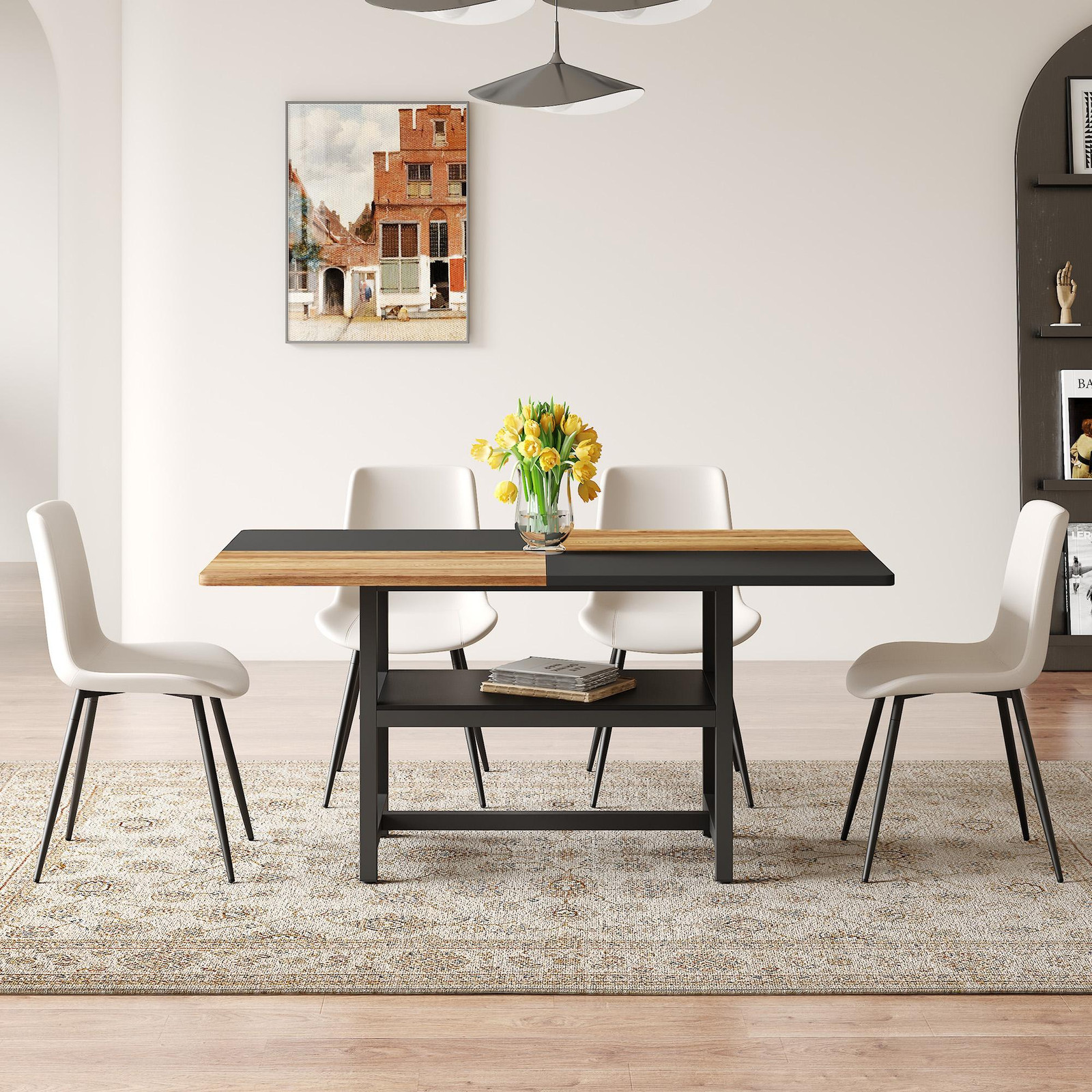 STILVORA Eetset met eettafel en eetkamerstoelen, Wit en Bruin, Lengte: 160 cm