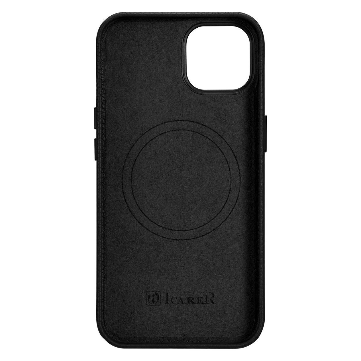 iCarer Litchi Premium Ledertasche für iPhone 14 Plus Magnetische Ledertasche mit MagSafe Schwarz (WM (Apple iPhone 14 Plus) (WMI14220711-BK)