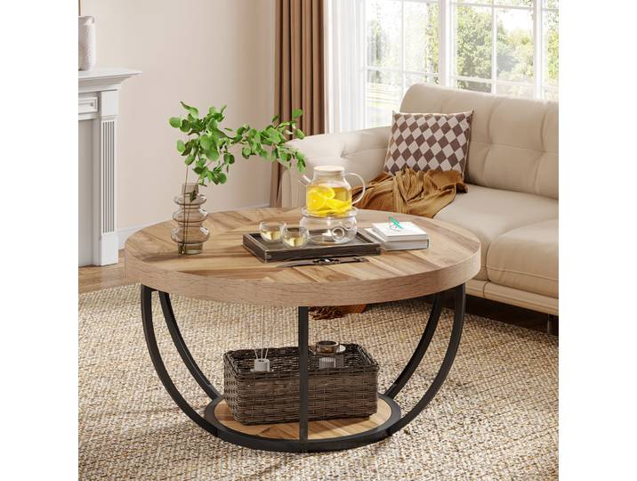 Tribesigns Table basse ronde 80 cm, table basse industrielle circulaire à 2 niveaux avec étagères de rangement, table d'appoint de canapé moderne en bois