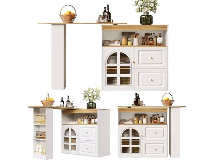 Ropilly weißer drehbarer Barschrank, MDF, 138–204 cm, Essbereich 360° drehbarer weißer Barschrank aus MDF mit zwei Schubladen und Glasfach für Küche und Wohnbereich
