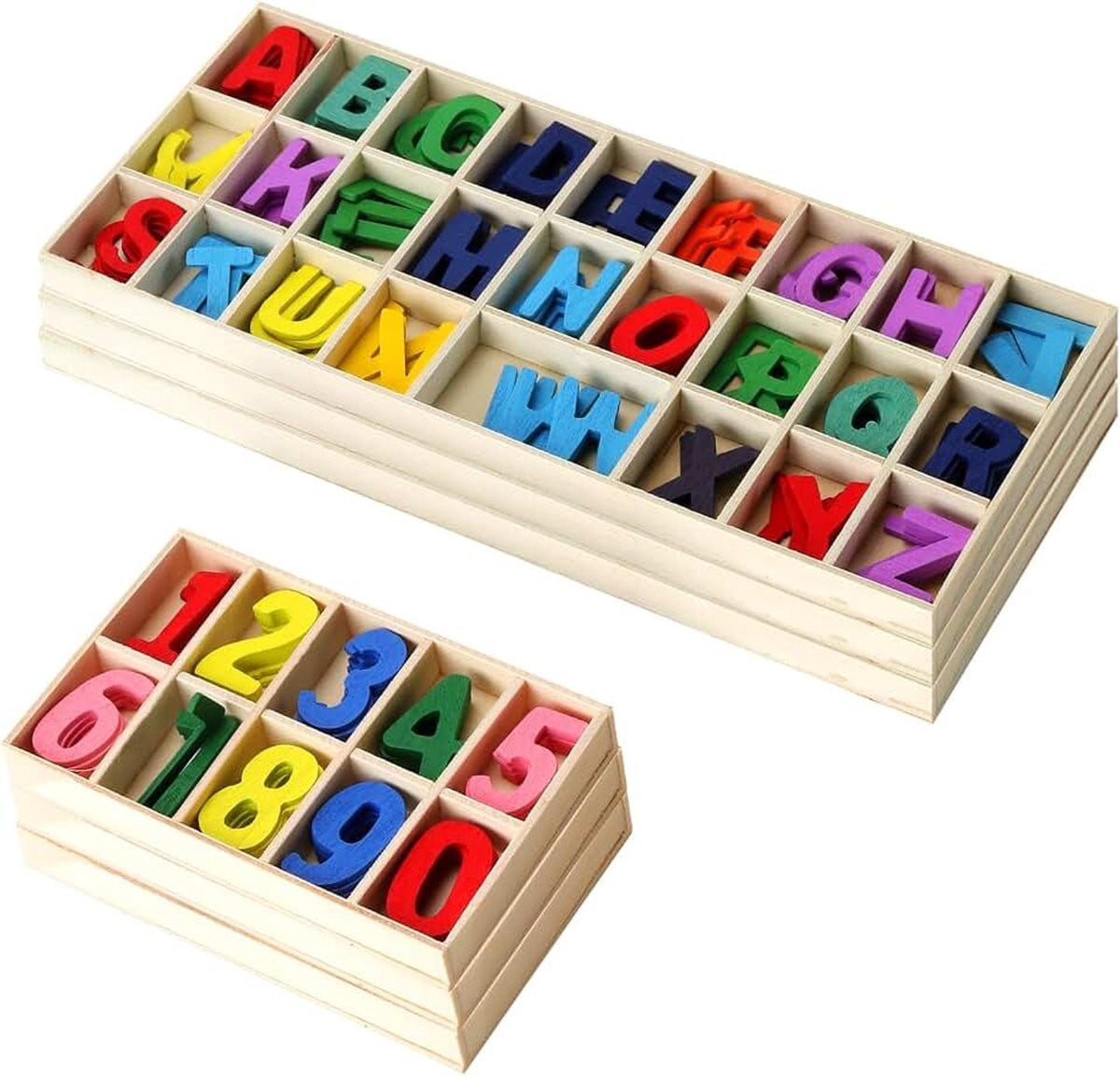 Kleurrijke houten letters en cijfers met houten dienblad voor kinderen, Letters: 21,9 x 9 cm, Cijfers: 10,5 x 6,5 cm