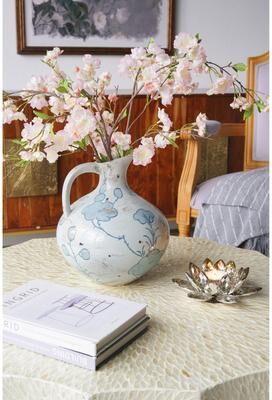Kodotan sofa "10.5x10.5x12.2"" Bulbous Blue and White Ceramic Pitcher Vase with Abstract Floral Pattern"