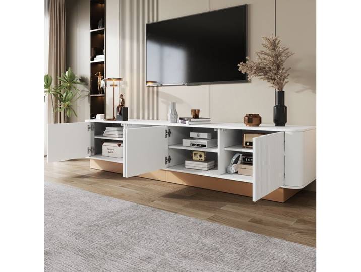 COVREO Meuble TV 200 cm blanc 4 portes portes striées rangement MDF angles arrondis
