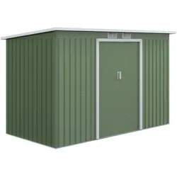 OKWISH Gerätehaus aus Stahl Hellgrün 280x130x172 cm, wetterbeständig, mit Schiebetür, Lüftungsgittern und Bodenkranz