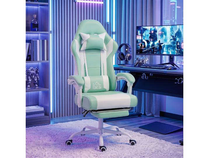 HOMCOM Chaise Gamer Massage Inclinable 155° Repose-pieds Bleu