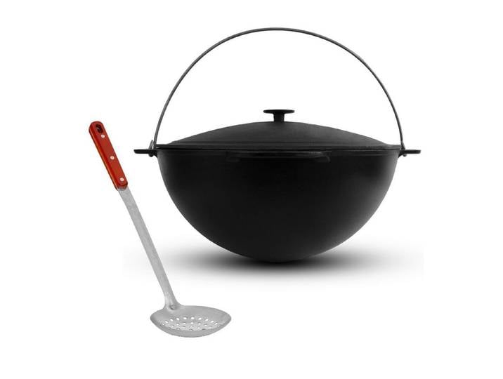 BIG-PAN Wok Premium Gusseisen Kazan 15L Schwenktopf Plov Bügel Gusseisendeckel, (Schmortopf mit Schaumkelle, preseasoned bereits eingebrannt), traditioneller Gusstopf Kasan Grillwok