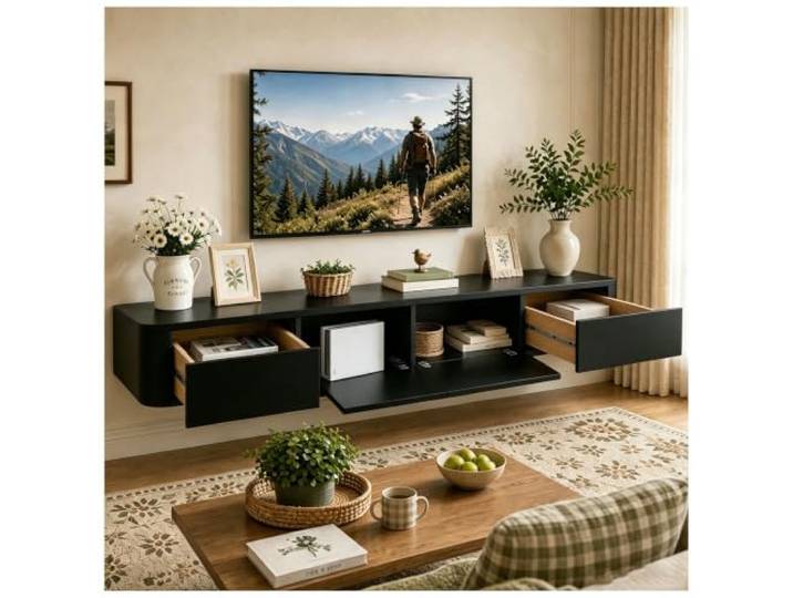 KSYGINXD Schwebende TV Schrank 240cm Schwarz, Modern TV Lowboard Hängend, TV Board Hängend mit 2 Schubladen 2 Klappen Türen & Kabelmanagement, für Wohnzimmer und Esszimmer