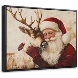 LEINWAND Bilder mit Rahmen - Weihnachtsmann - Rentier - Weihnachten - 40x30