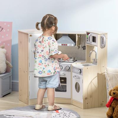 Qaba Ultra-Big Corner Kids Kitchen Playset with Sound Effects, Wooden Play Kitchen with Stainless Steel Cooking Toys
