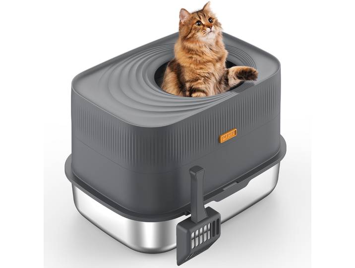 Bac à litière ovale pour chat en acier inoxydable d'entrée supérieure avec couvercle, bac à litière pour chat en métal fermé extra large XL avec couvercle amovible et cuillère à litière pour chat,