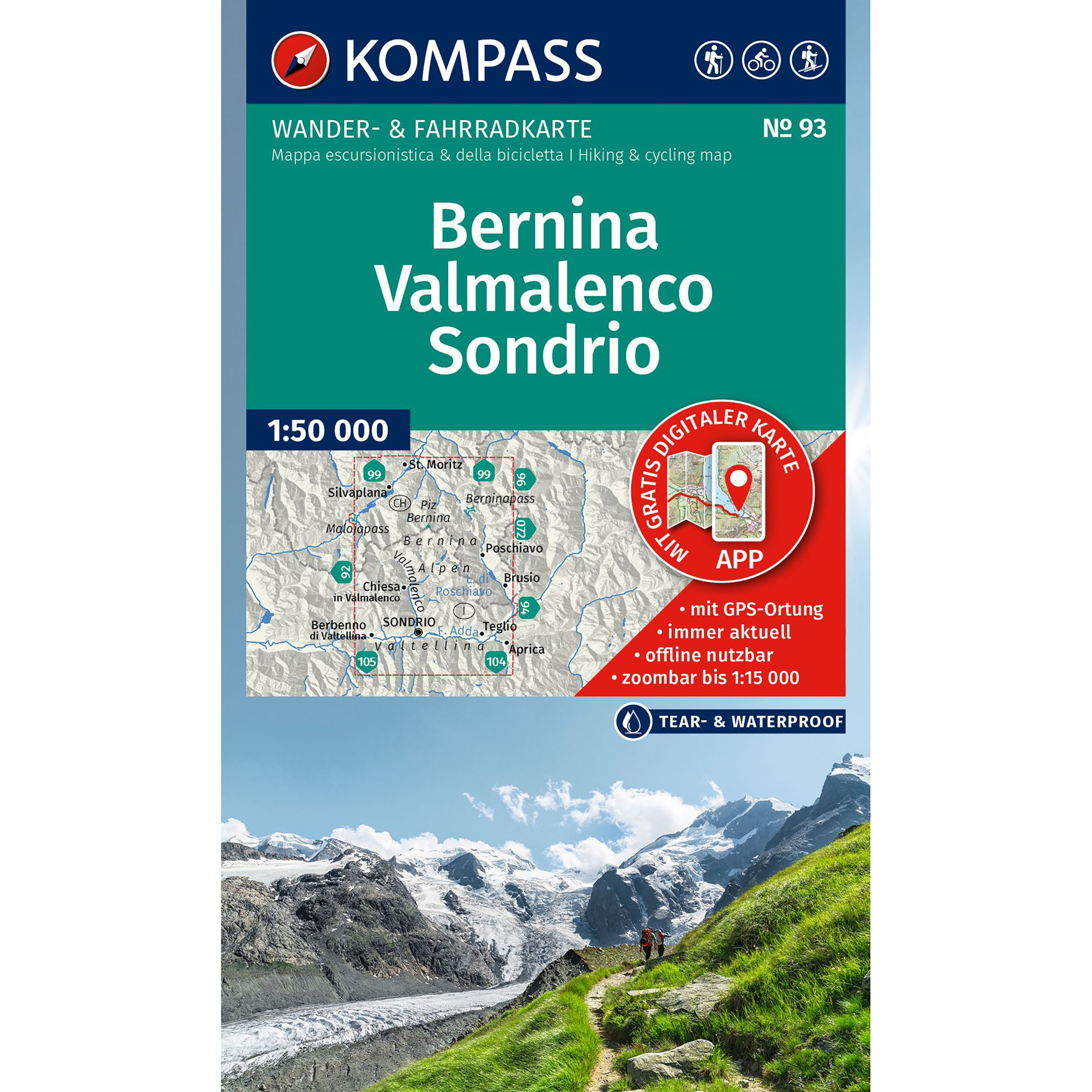Kompass Verlag WK 93 Bernina, Valmalenco, Sondrio Topografische Karten tuerkis