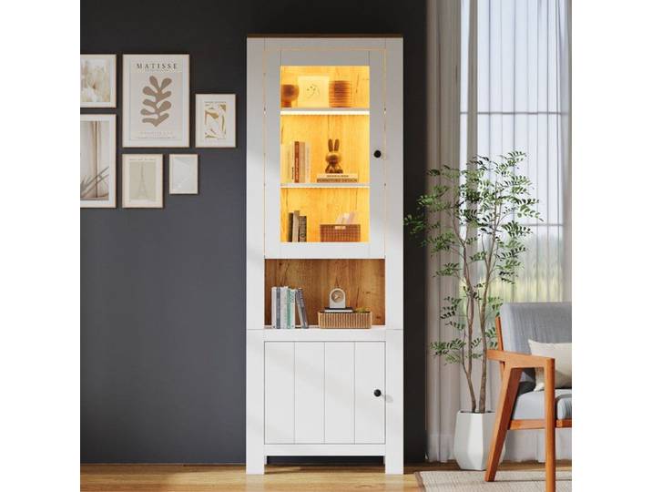 Vitrine 70x40x188cm 2 portes 6 étagères panneau arrière aspect bois naturel étagères réglables vitrine en verre avec LED blanc