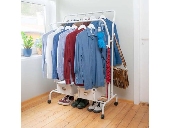 Tatkraft Swan Schwerlast Kleiderständer, bis 100kg, 2 Kleiderstangen, Weiß Doppel Kleiderständer 103x52.5x155 cm, Doppelter Rollgarderobe mit Ablage, Kleiderstange auf Rollen, Jackenständer, Metall