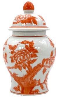 Galt International "Small Chinoiserie Ceramic Decorative Tea & Ginger Jar 8"" Orange & White"