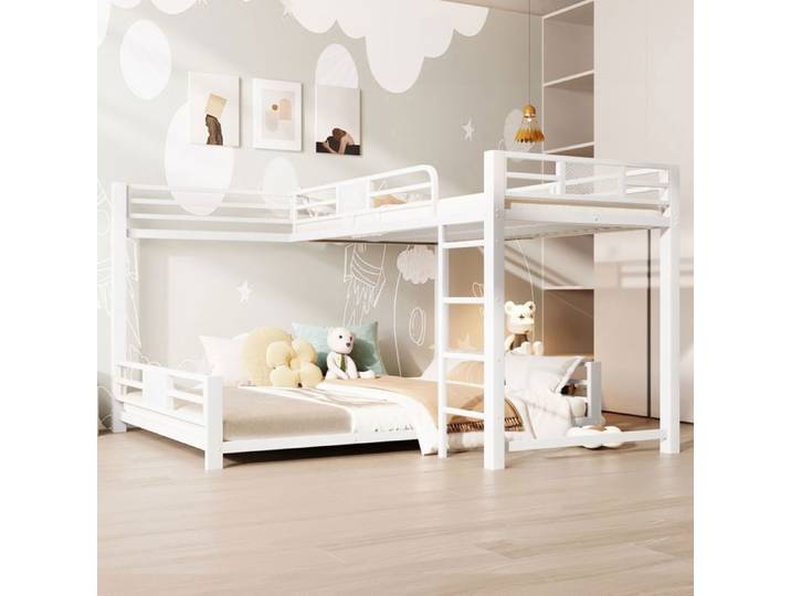 Lit superposé L - SOGEU - 90x200/140x200 - Métal blanc - Gain de place - Sommier inclus