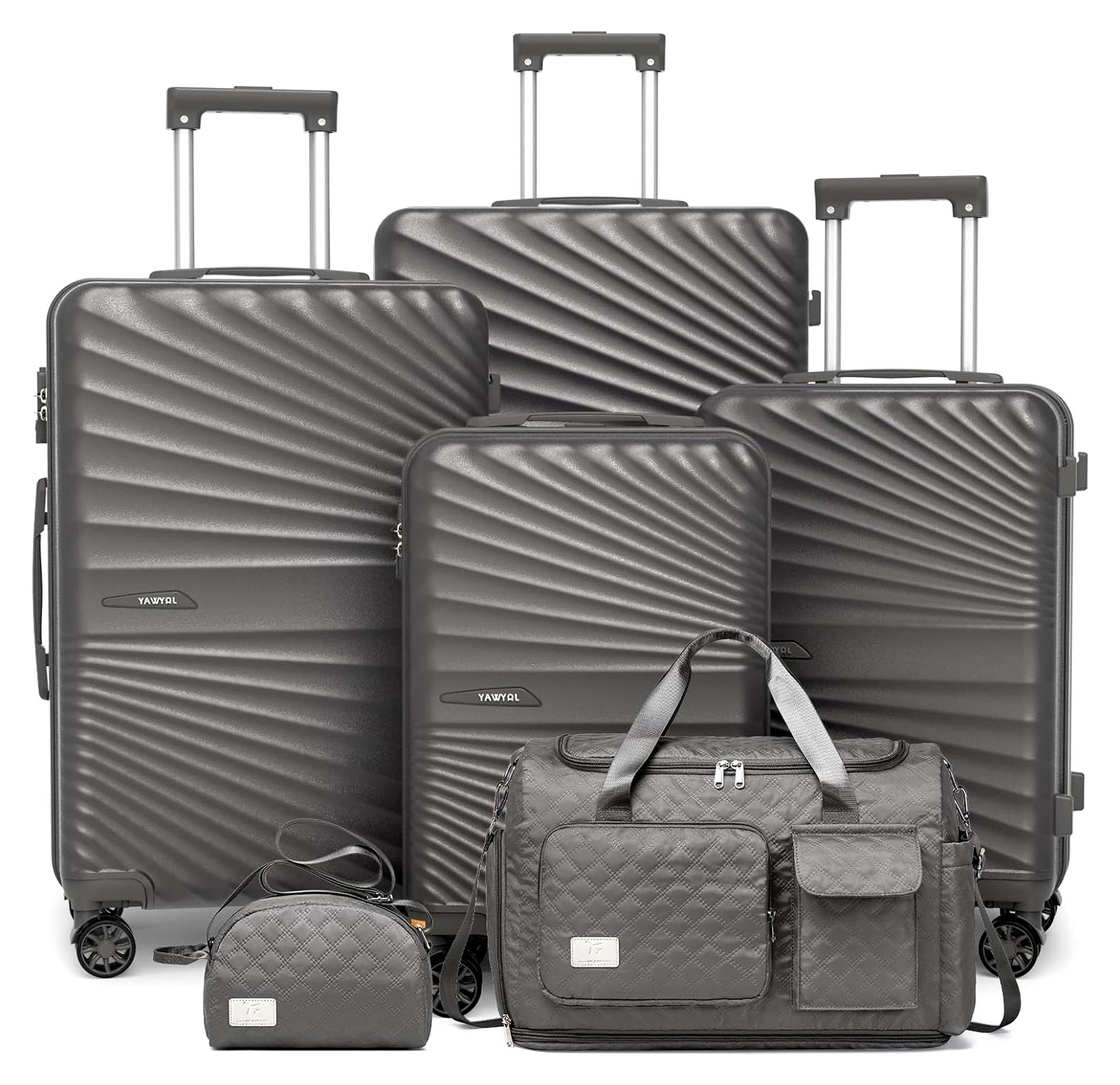 Kofferset 6tlg Hartschale Leicht mit 4 Rollen und TSA-Schloss Der Gepäcksets Enthält 1 Multifunktionale Reisetasche und 1 Kulturbeutel Grau