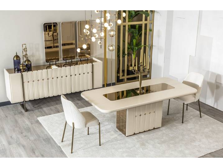 JVmoebel Esszimmer-Set Marmor-Optik Esstisch Set Konsole Spiegel Creme Gold Esszimmer Luxus, (5-St), Made in Europa