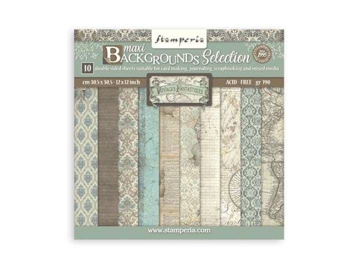 Stamperia International KFT Stamperia Scrapbooking Pad 10 vellen 30,5 x 30,5 (12x12) Maxi Achtergrond Selectie Voyages Fantastiques, Veelkleurig, 30,5 x 30,5 cm