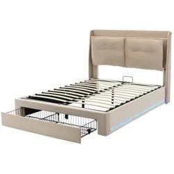 Merax Polsterbett 140x190 cm, Doppelbett mit LED-Beleuchtung, hydraulischer Verstellung & 2 Schubladen am Fußende, Lattenrost inkl., Samt Beige