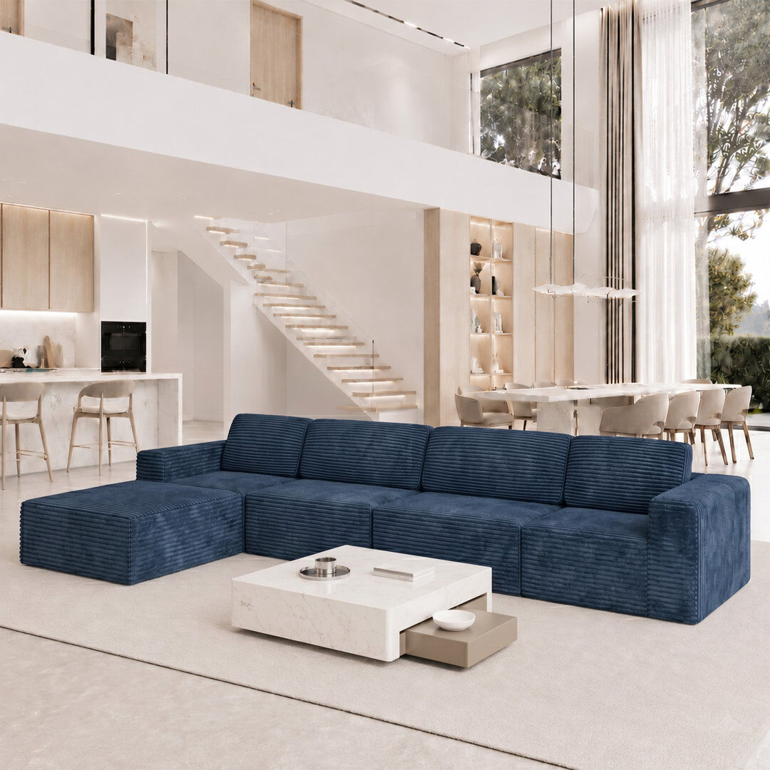 Latitude Run® Modular Oversize 404cm Corduroy Boneless Sofa With Ottomans Reversible, No Assembly Required Blue 93cm H X 404cm W X 205cm D