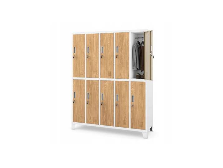 JAN NOWAK Armoire métallique à casiers pour école et vestiaires BARTEK Blanc / Chêne doré