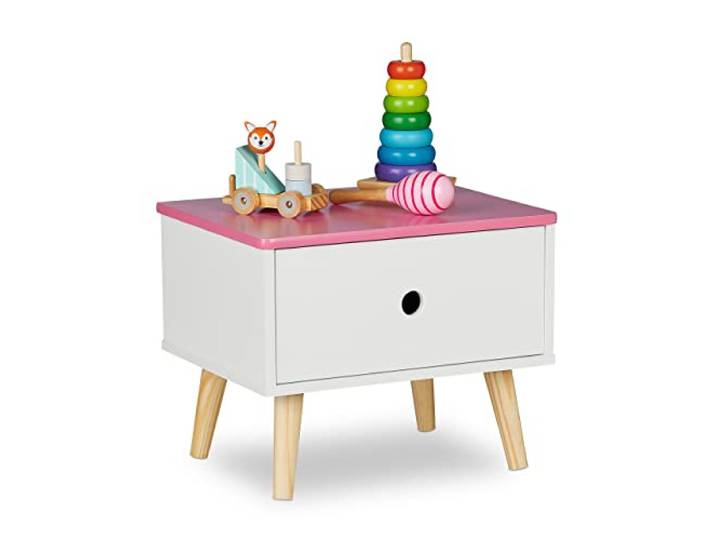 Relaxdays Nachttisch Kinder, Holz & MDF, weiß/rosa