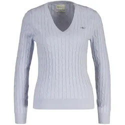 GANT Damen Cable-Strickpullover - STRETCH COTTON CABLE V-NECK, Zopfstrick Blau (Light Blue) / L