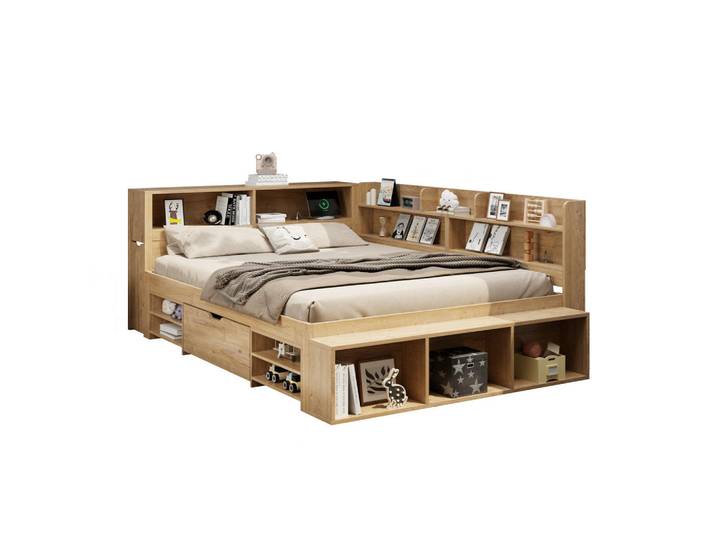 Modfu Kinderbett aus Plywood 140x200 cm in Natur mit Stauraum, Naturfarben, 140x200 cm, Babymöbel & Kindermöbel, Kinderzimmer & Jugendzimmer, Kinderbetten
