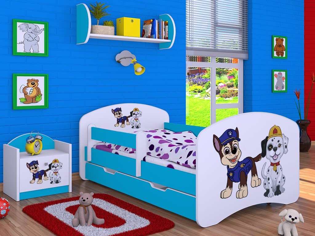 BDW, Kinderbett mit Rausfallschutz, Matratze, Schublade, Blau Superhund, 1, 190x90cm